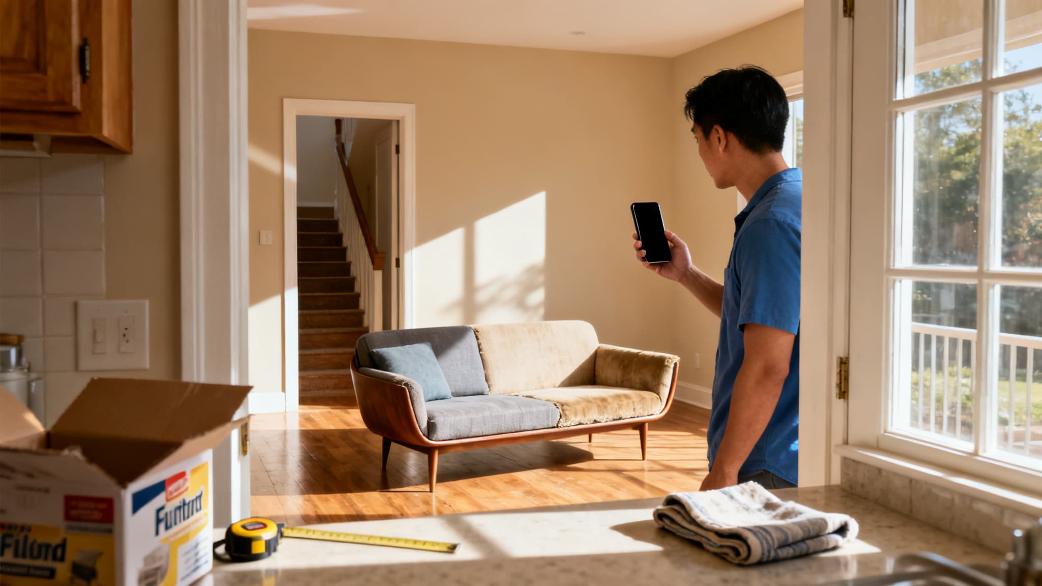 AI interface displaying a modern living room, helping create a dream home on a budget.