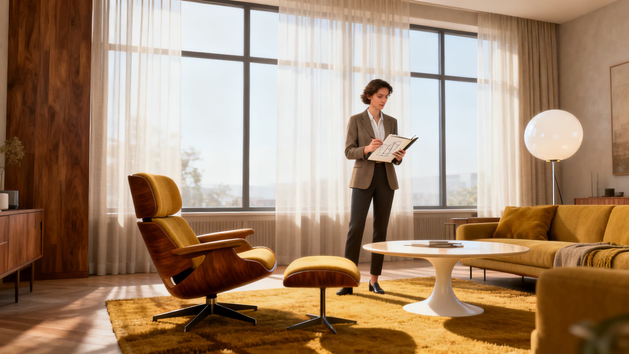 A vibrant mid-century modern virtual room design with iconic furniture.