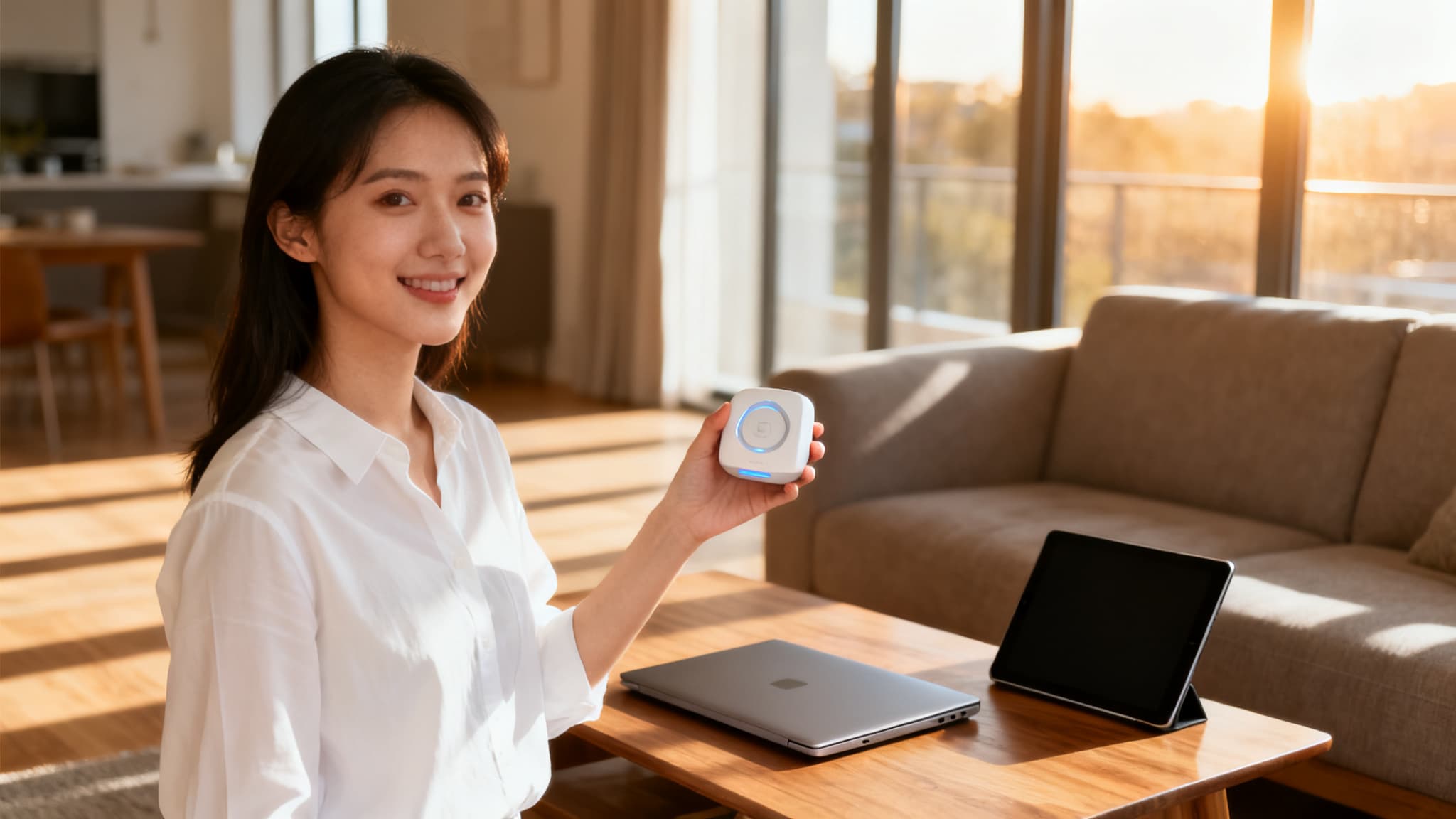 A tablet screen displays AI tools for renters decorating apartments.
