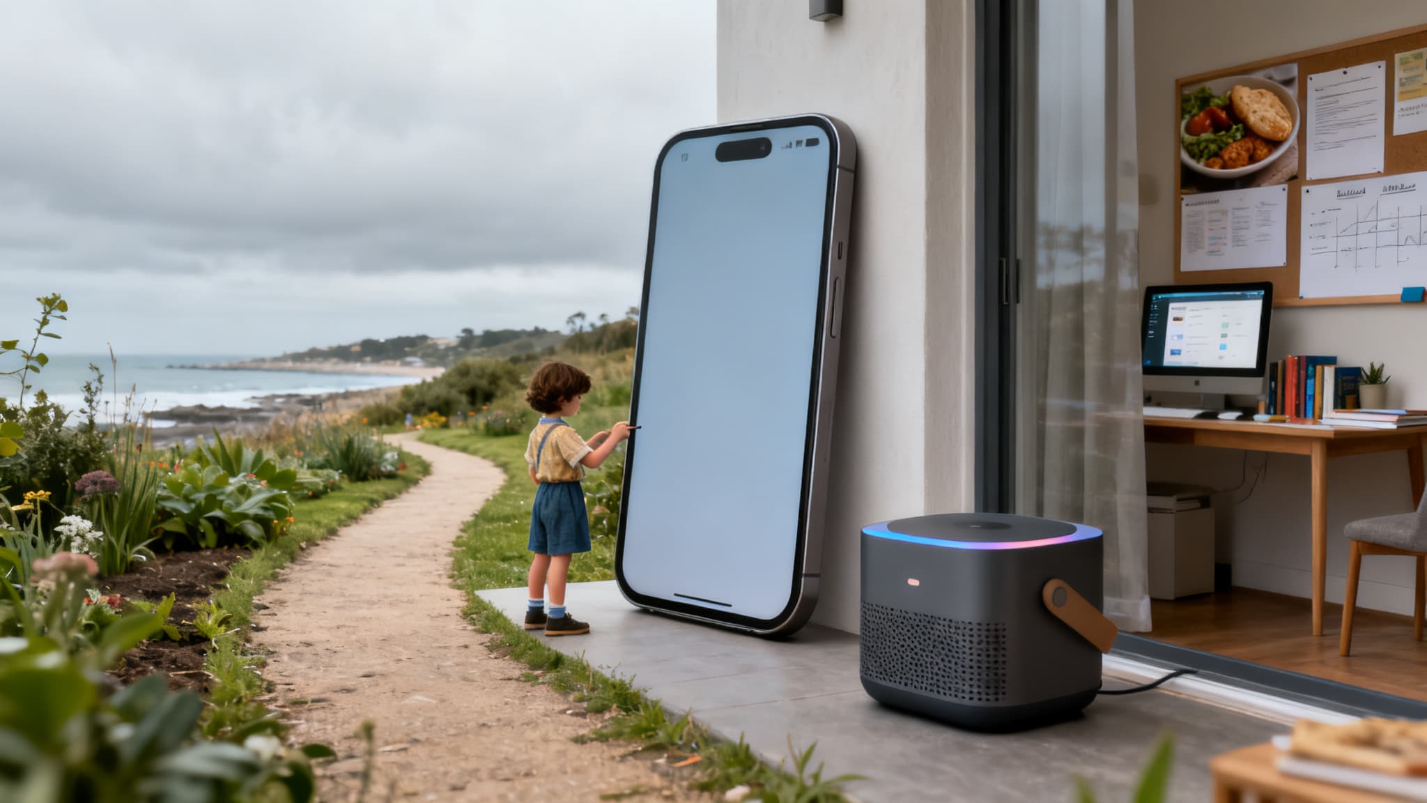 A tablet screen displays AI tools for renters decorating apartments.
