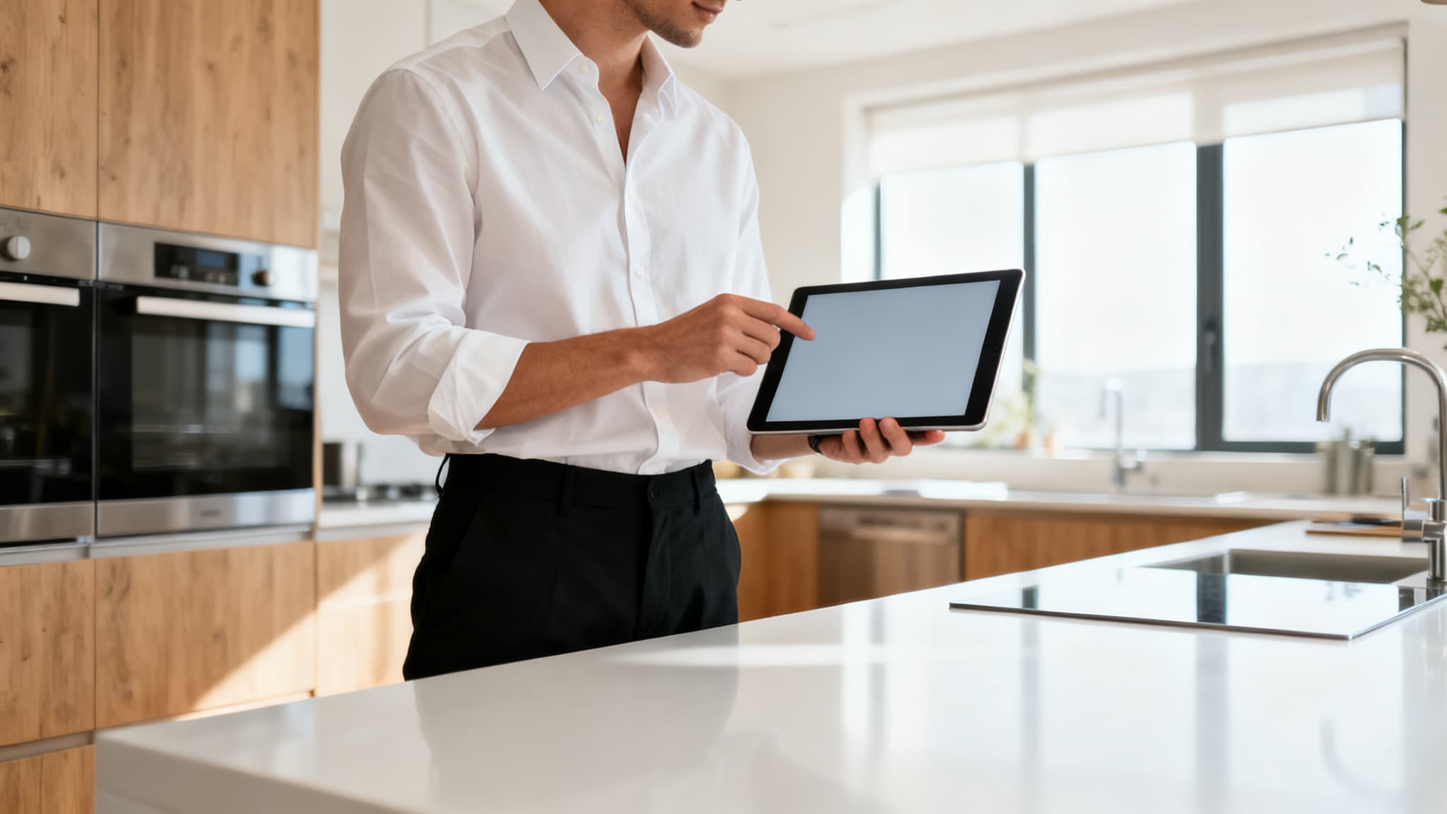A computer screen displays a modern kitchen design using a virtual kitchen remodel planner free.