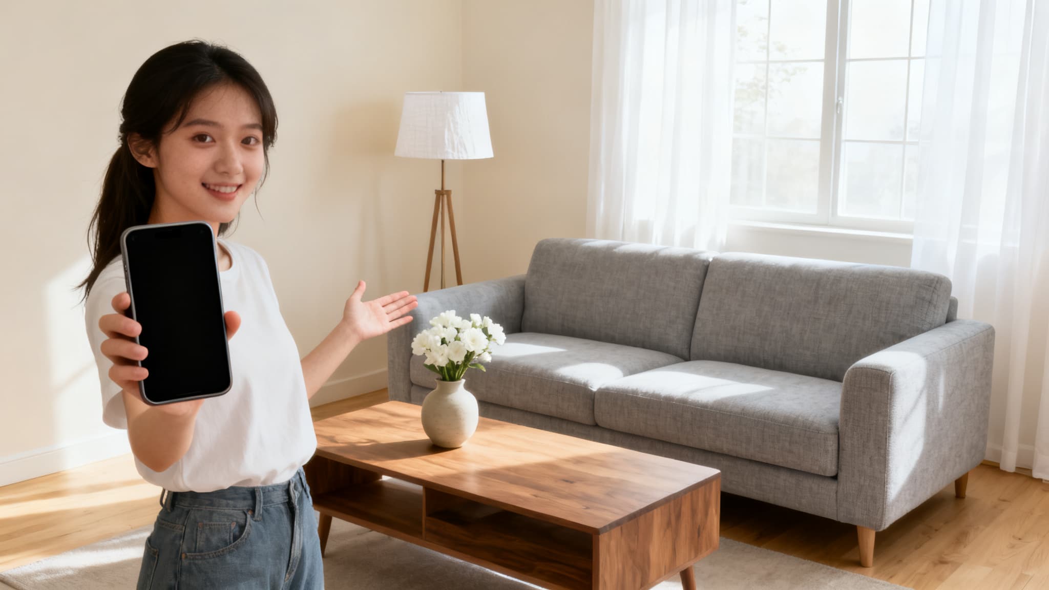 A person using a visualize furniture in my living room app on a tablet.