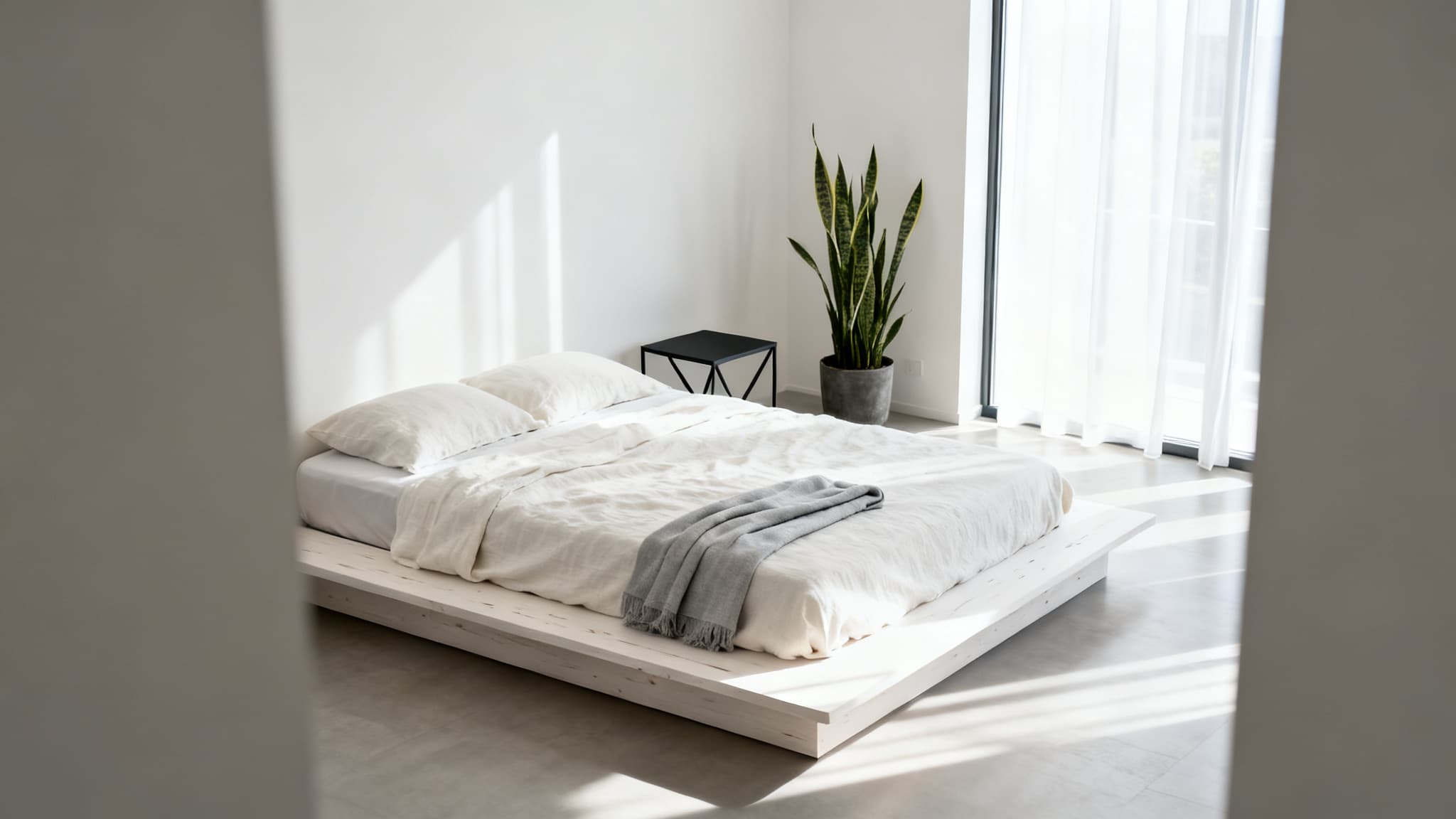 An AI-powered modern minimalist bedroom design featuring a clean, calm aesthetic.