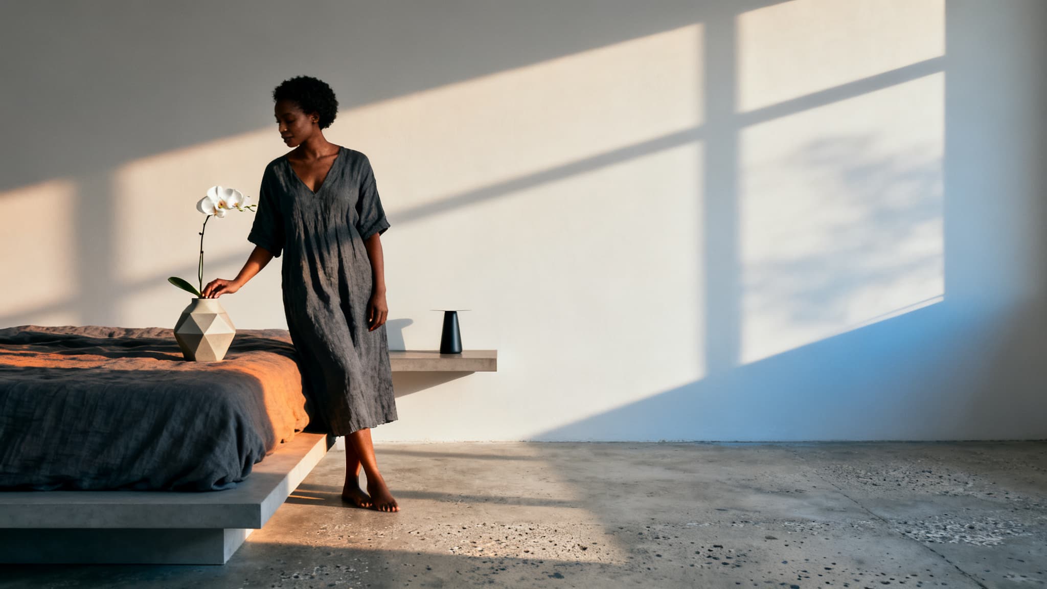 An AI-powered modern minimalist bedroom design featuring a clean, calm aesthetic.